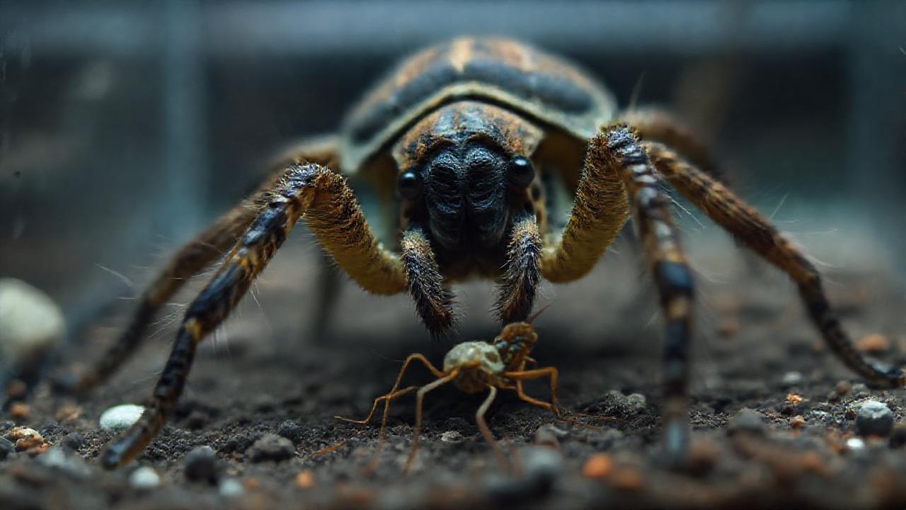Investigador observa araña defensiva en terrario
