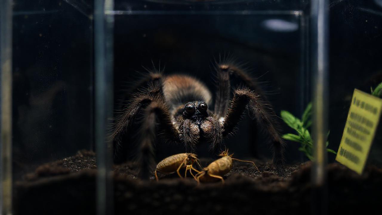 Tarantula ansiosa en terrario oscuro