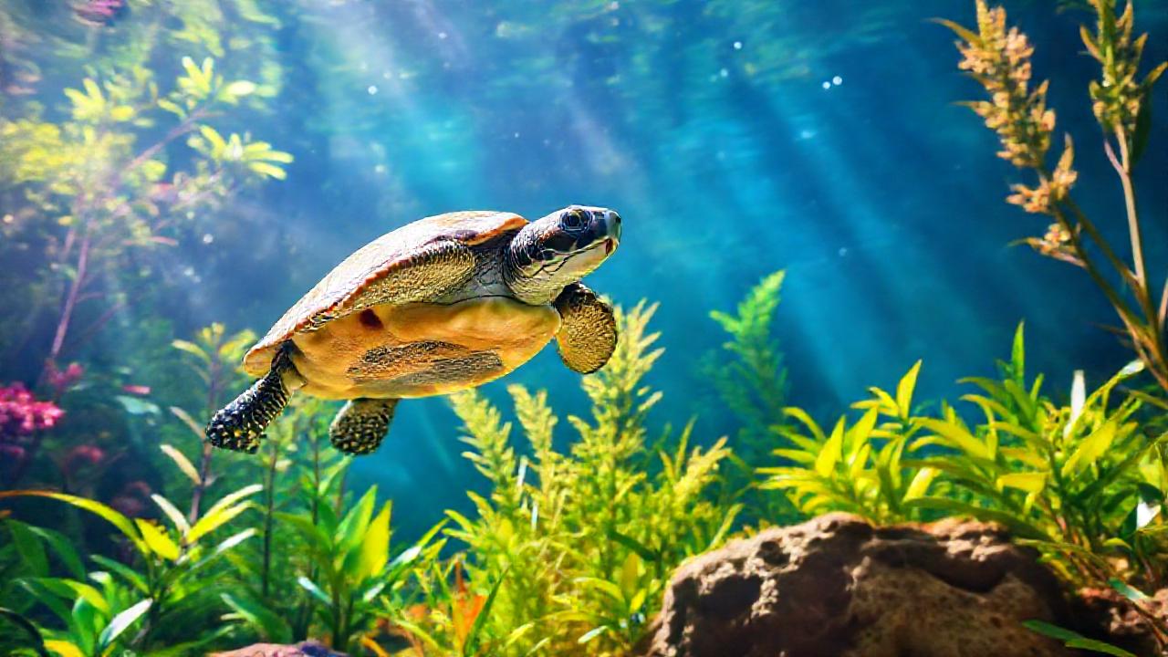 Tortuga feliz en acuario tropical sereno