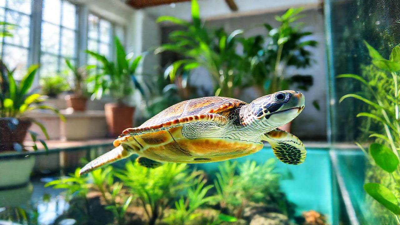 Tortuga feliz en su hábitat tranquilo